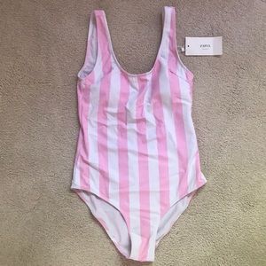White & pink striped one piece swimsuit